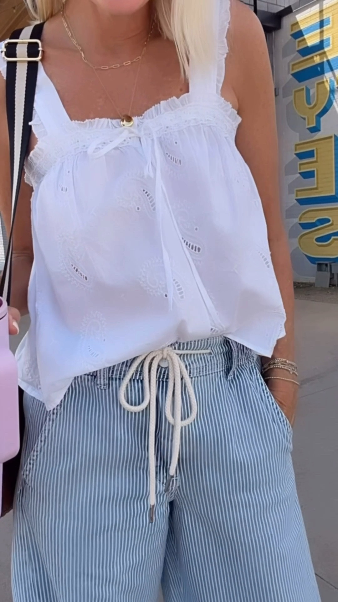 These Pinstripe are great! . Super comfortable 
Have zipper button and drawstring. Fit tts. Wearing Small
This style of pant through anthropology is so comfortable, so great. I now own it in four different washes. 
•• this exact top is sold out, but I am linking several similar white tops that would work great ￼
@Anthropologie ￼

#LTKootd #LTKTravel #LTKOver40