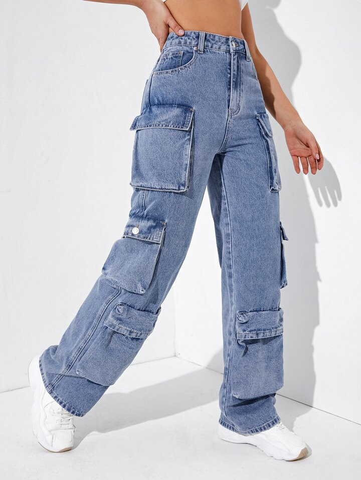 SHEIN EZwear High Waisted Flap Pocket Cargo Jeans | SHEIN