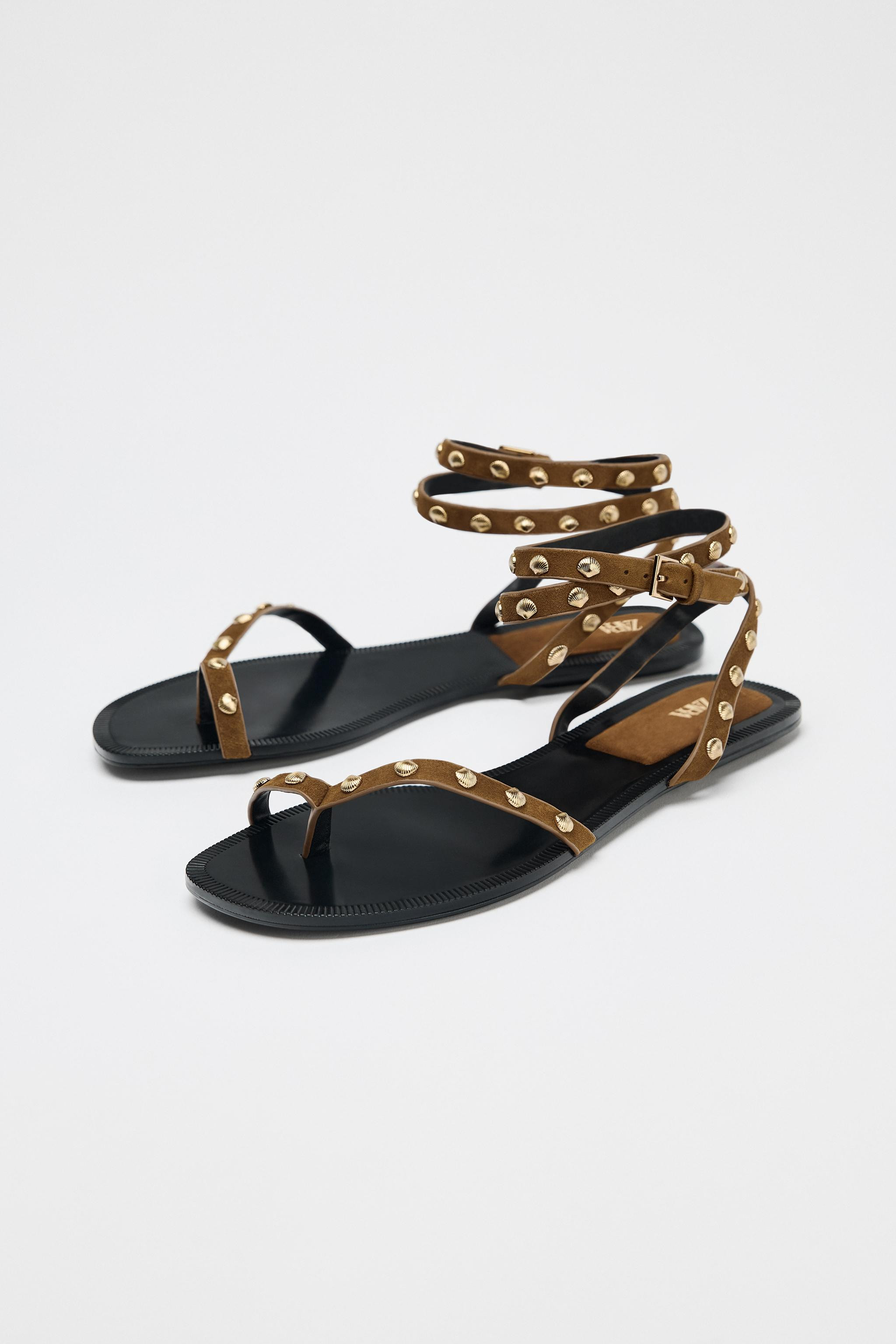 LEATHER STUDDED STRAPPY SANDALS | Zara US