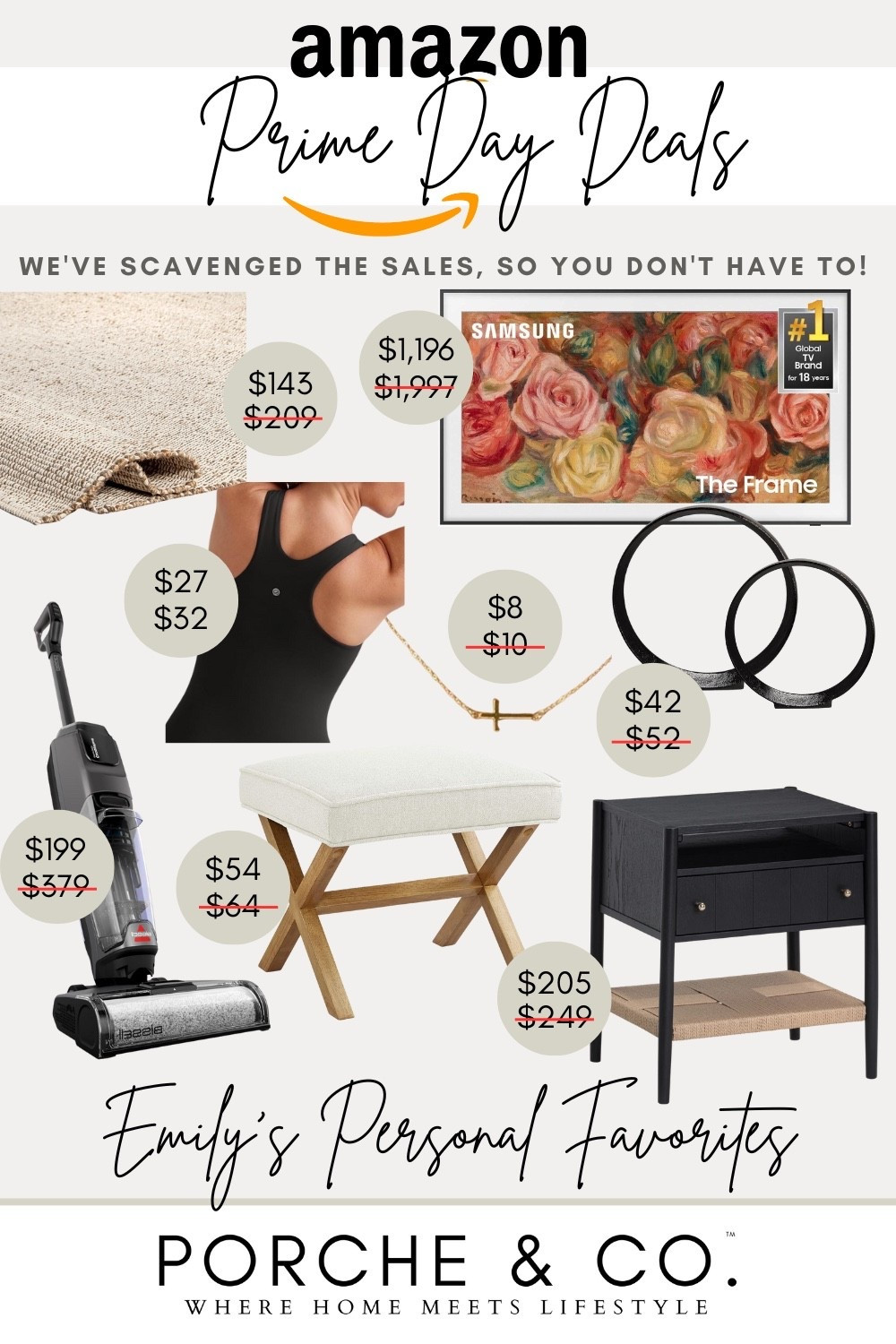 My Amazon Prime Day picks are HERE and these are tried-and-true favorites we use and love around our home! 🙌🏼 From home finds to closet staples, I rounded up major deals you won’t want to miss:

✔️ Our favorite neutral woven rug that adds warmth to any room and is perfect for layering 
✔️ The Samsung Frame TV—art AND entertainment in one…a must have for any living or family room
✔️ The cult-favorite workout tank with a built in bra  (looks just like Lulu!)
✔️ My go-to gold sideways cross necklace—such a sweet touch 💛 and only $8
✔️ Modern black metal circular decor pieces that elevate any shelf or table styling
✔️ The BISSELL CrossWave vacuum that saves my floors and my sanity
✔️ This wood + linen ottoman—cute for extra seating or the foot of a bed or beside a console for balance 
✔️ My guest room black nightstand with drawer storage—a sleek and functional fave!

Whether you’re refreshing a room or upgrading your daily routine, these Prime Day deals are IT 👏🏼 Everything is linked right here for easy shopping!

@amazon #amazonpartner #founditonamazon #porcheandco

#LTKStyleTip #LTKSaleAlert #LTKHome