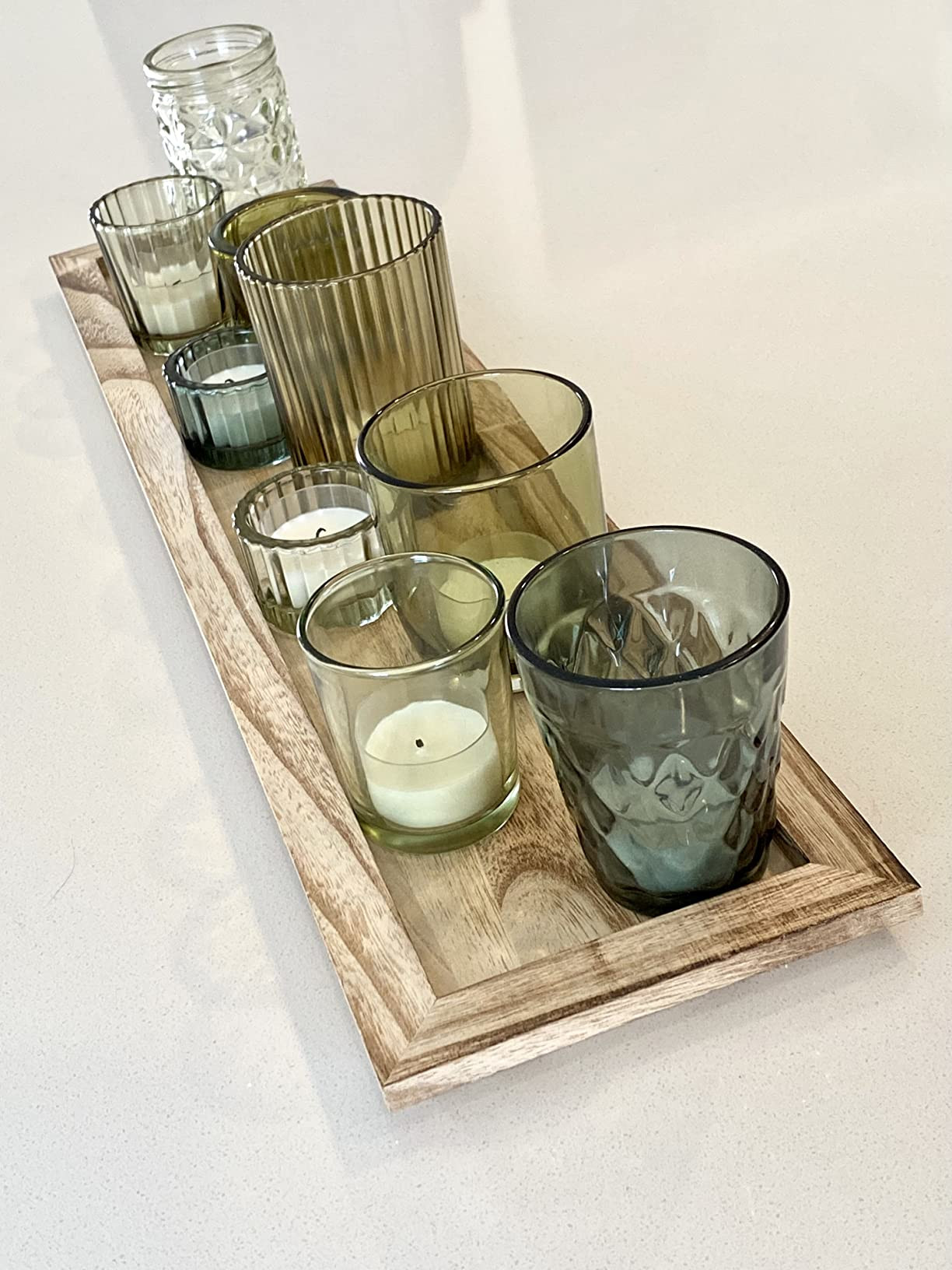Wood Tray with 9 Green Glass Votive Holders | Amazon (US)