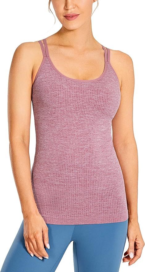 CRZ YOGA Women's Seamless Built-in Bra Tank Tops Strappy Back Activewear Workout Compression Tops | Amazon (US)