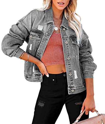 Grey Jean Jacket Ripped Long Sleeve Button Closure Denim Jacket Washed Classic Light Jean Jacket Coat for Women with Pockets | Amazon (US)