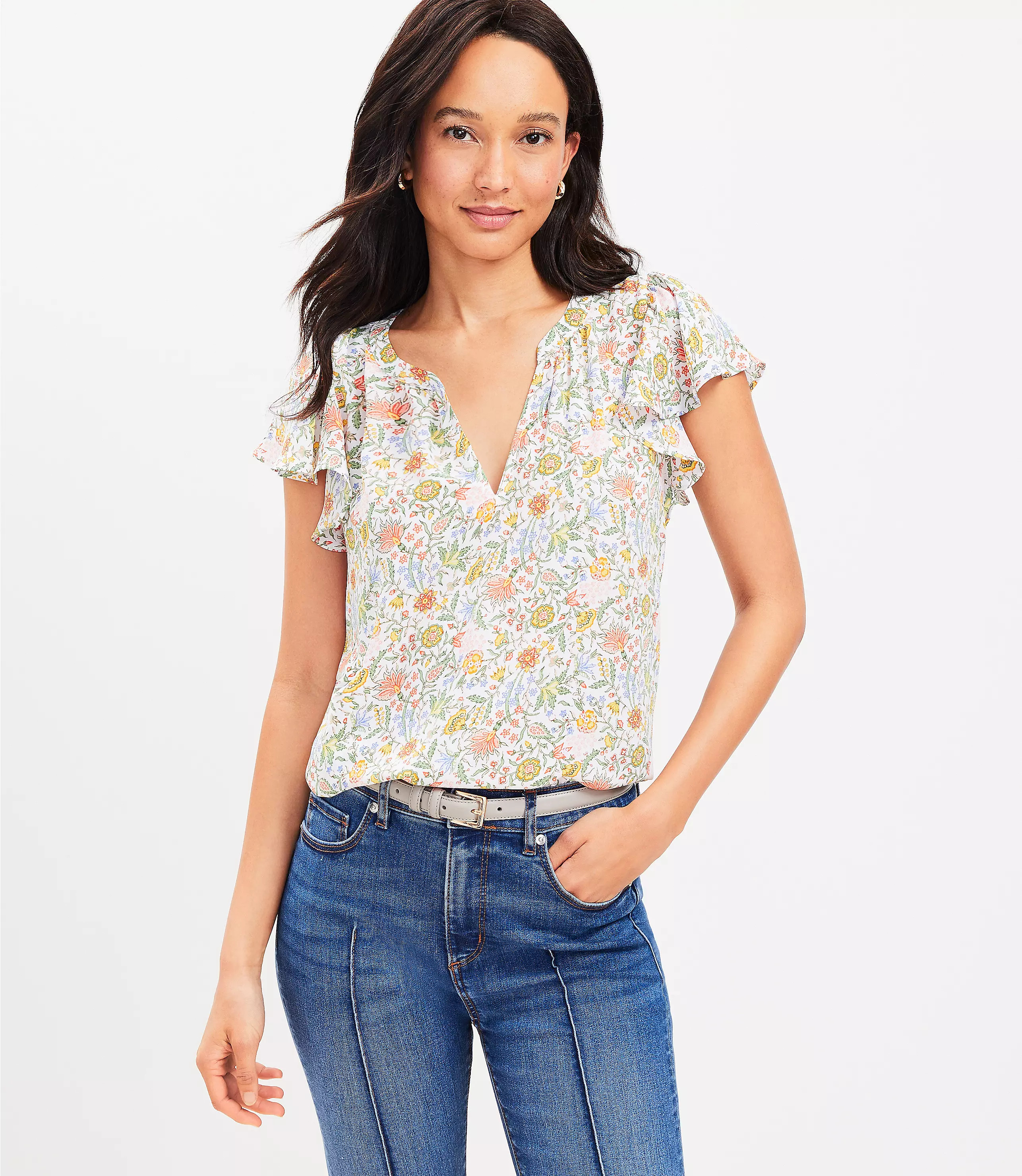 Garden Flutter Sleeve Mixed Media Top | LOFT