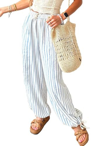 Acelitt Women's Casual Striped Pants Spring Summer Drawstring Elastic Waist Wide Leg Pants Trousers with Pocckets Light Blue Large | Amazon (US)