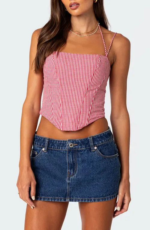 EDIKTED Pippa Gingham Lace-Up Back Corset Top in Red at Nordstrom, Size X-Small | Nordstrom