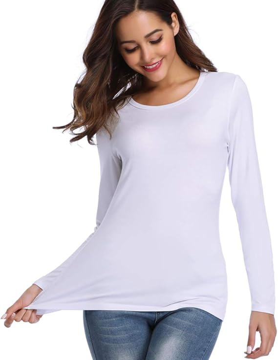 fuinloth Women’s Basic Long Sleeve T Shirts, Crewneck Slim Fit Spandex Tops, Plain Layer Unders... | Amazon (US)