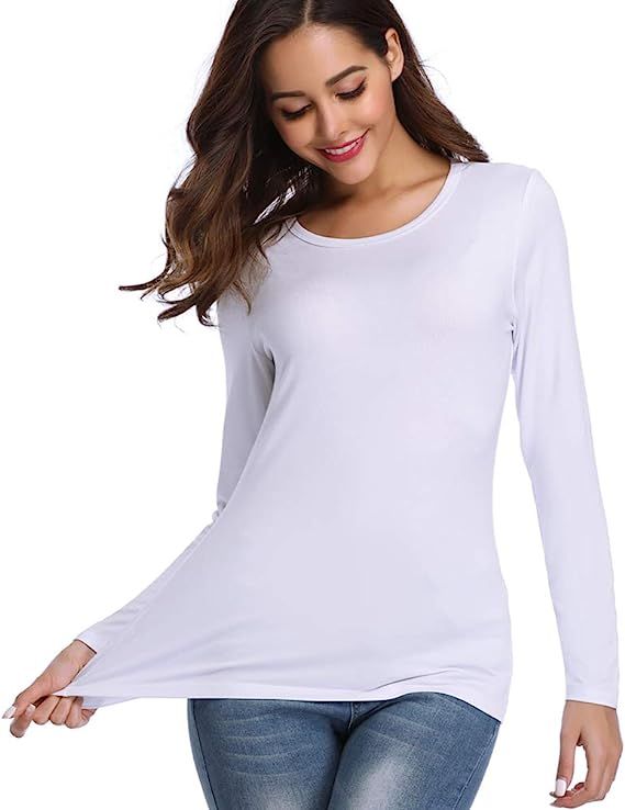 fuinloth Women’s Basic Long Sleeve T Shirts, Crewneck Slim Fit Spandex Tops, Plain Layer Unders... | Amazon (US)