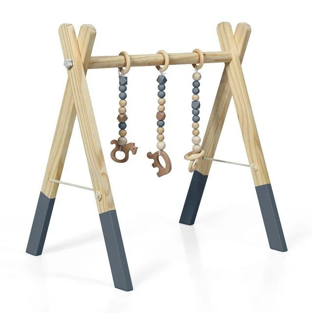 Costway Foldable Wooden Baby Gym with 3 Wooden Baby Teething Toys Hanging Bar Gray | Walmart (US)