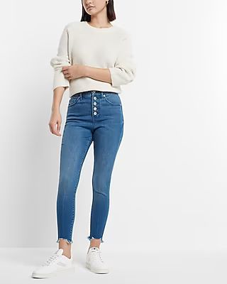 High Waisted Medium Wash Button Fly Cropped Skinny Jeans | Express