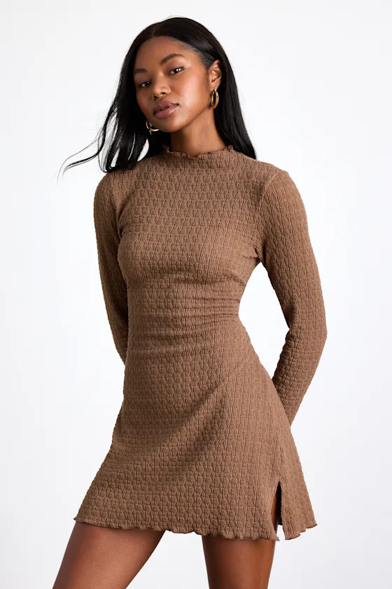 Flattering Forecast Brown Textured Long Sleeve Mini Dress | Lulus