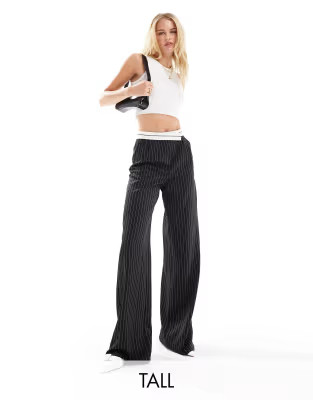 Extro & Vert Tall tailored pinstripe trouser with asymmetric waistband in black | ASOS | ASOS (Global)