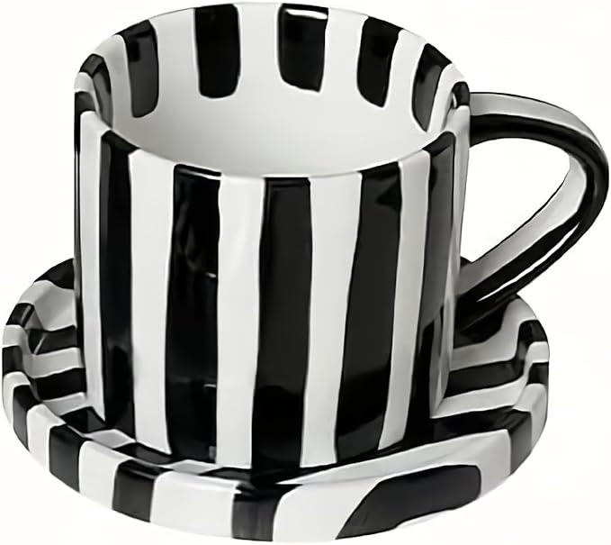 Tea Cup and Saucer, Ceramic 8 oz coffee mug, Dishwasher Safe and Microwave Safe, Black and White | Amazon (US)