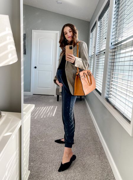 Comfy casual outfit with a blazer. Oversized blazer from Chicwish is no longer available so I linked a similar on from Amazon here. Black T-shirt is so soft & cozy and fits tts. Express joggers fit true to size before my 29 week belly. Thankfully they are so stretchy and I can still wear them! 🙌 Birdies slides fit 1/2 small size up unless you don’t mind your heel being right at the edge. Plus use code: thedarkplum10off for 10% off your birdies order! Amazon purse is so roomy and will hold everything you need. It even comes with a matching wristlet. And it’s available in several colors! 

#LTKSeasonal #LTKshoecrush #LTKbump