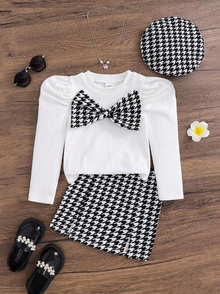 SHEIN Young Girls Autumn/Winter Cute Knitted Long Sleeve Houndstooth Bow Blouse, Elastic Waist Skirt & Hat 3-Piece Set, Sister Matching, Suitable For Back To School, Casual, Party, Birthday, Autumn/Winter Christmas Set | SHEIN