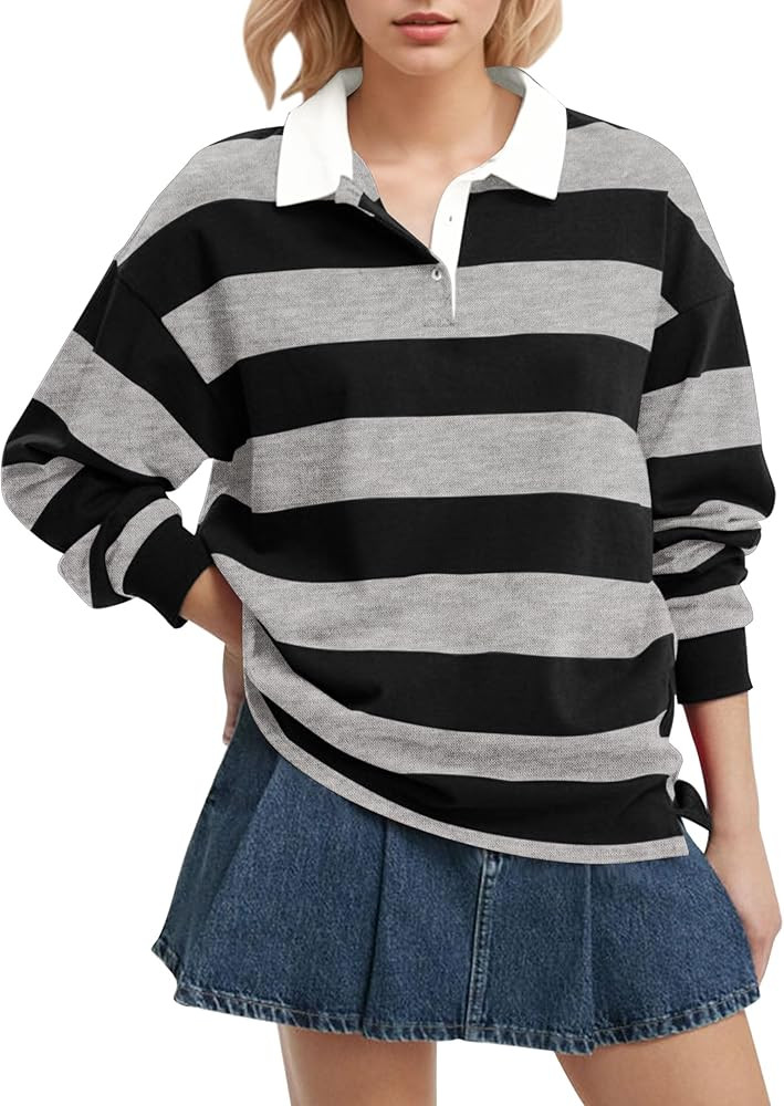 Women Long Sleeve Striped Polo Shirt Oversized Collar Y2k Pullover T Shirt Casual Loose Streetwea... | Amazon (US)