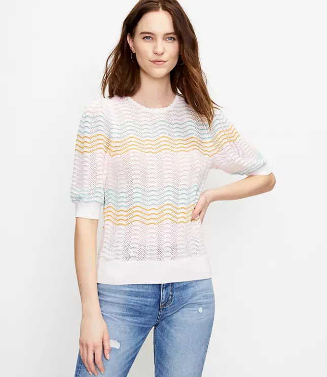 Striped Pointelle Puff Sleeve Sweater Tee | LOFT