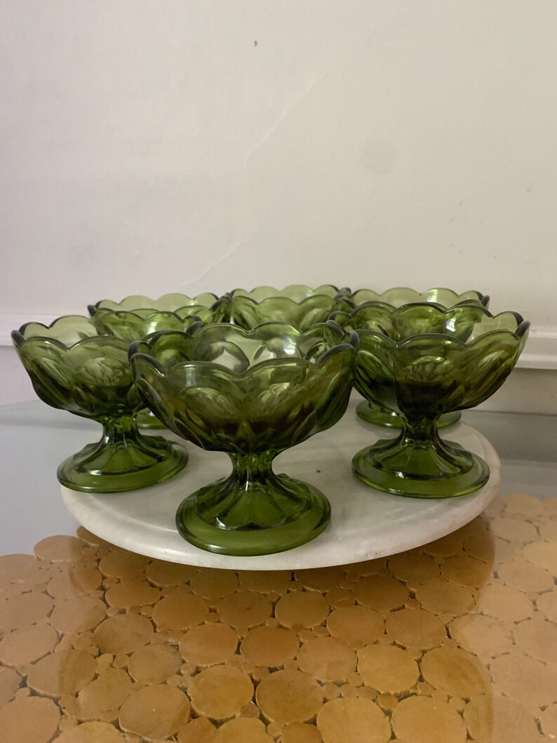 Set of 6 Heavy Pressed Olive Green Glass Sundae/Desert Glasses | Etsy (US)