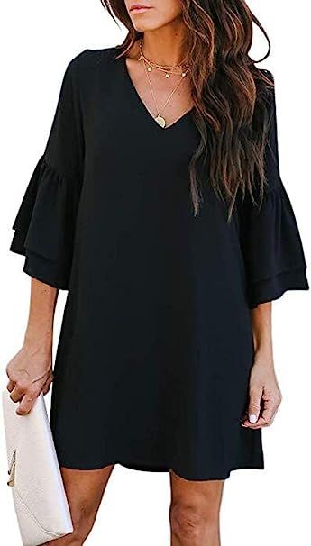 SVALIY Women's Chiffon V Neck Bell Sleeve Casual Loose Shift Party Mini Short Dresses | Amazon (US)