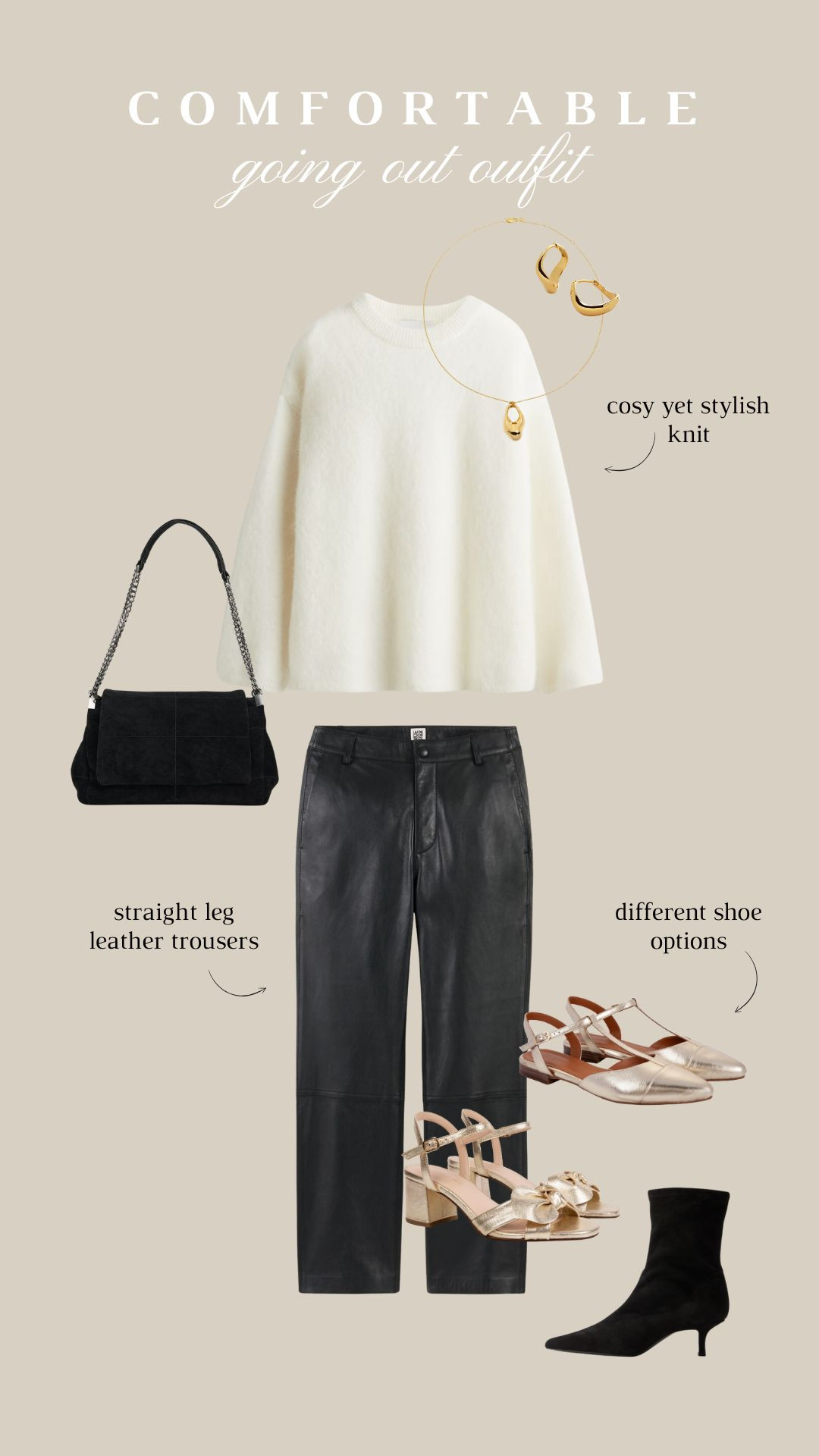 Comfortable yet chic going out outfit, straight leg leather trousers, comfortable shoe options, suede bag, sock boots, knitted jumper, H&M, Zara, Air & Grace, Monica Vinader 

 #LTKuk #LTKautumn #LTKstyletip