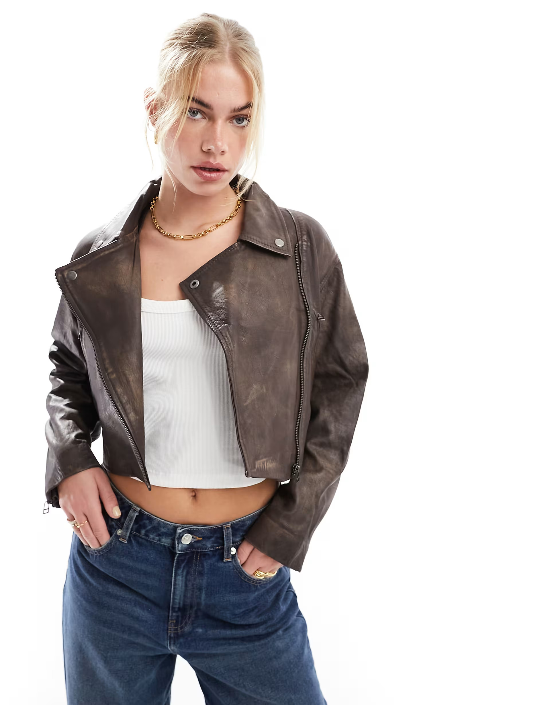 Stradivarius STR real leather moto jacket in vintage brown | ASOS (Global)