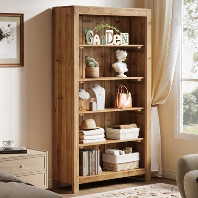 Rustic Solid Wood 5-Shelf Bookcase - Farmhouse Style Open Storage Shelving Unit For Living Room/Office | Wayfair North America