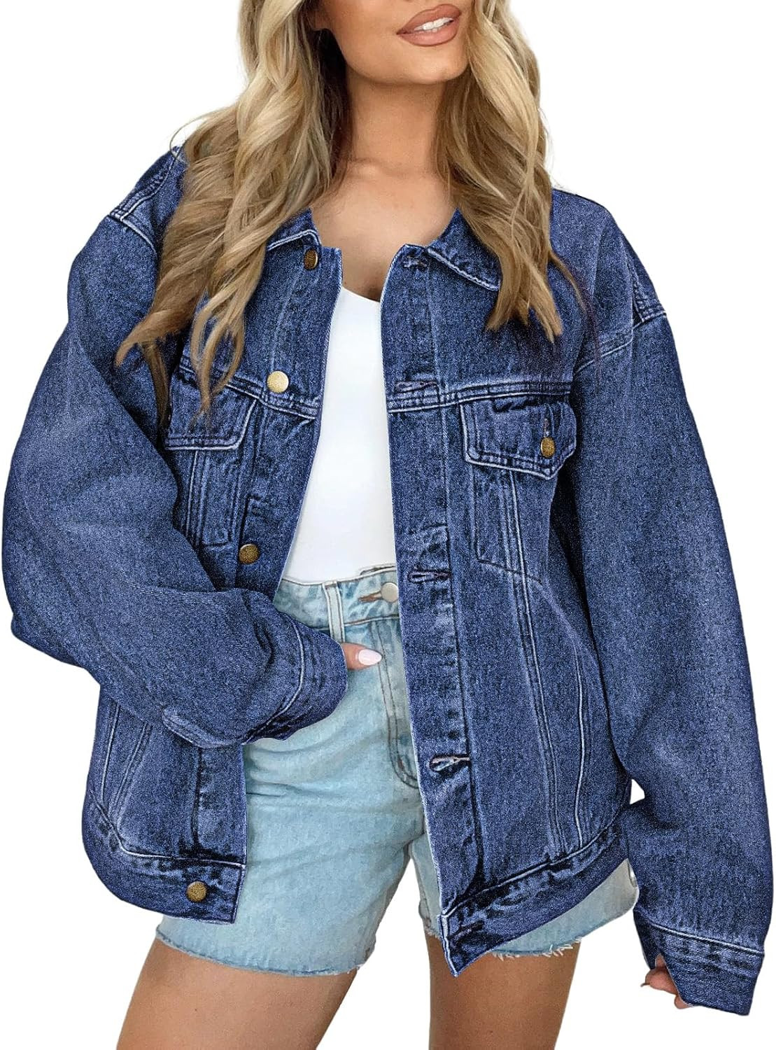 AUTOMET Women's Button Down Oversized Jeans Jacket with Pockets | Amazon (US)