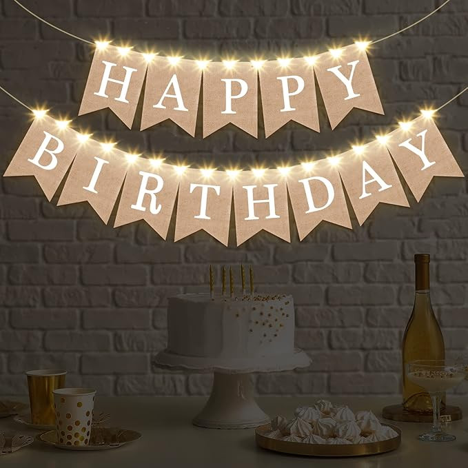 Breling 2 Pieces Burlap Happy Birthday Banner Flags and 2 Pieces Mini LED Fairy Lights Battery Ru... | Amazon (US)