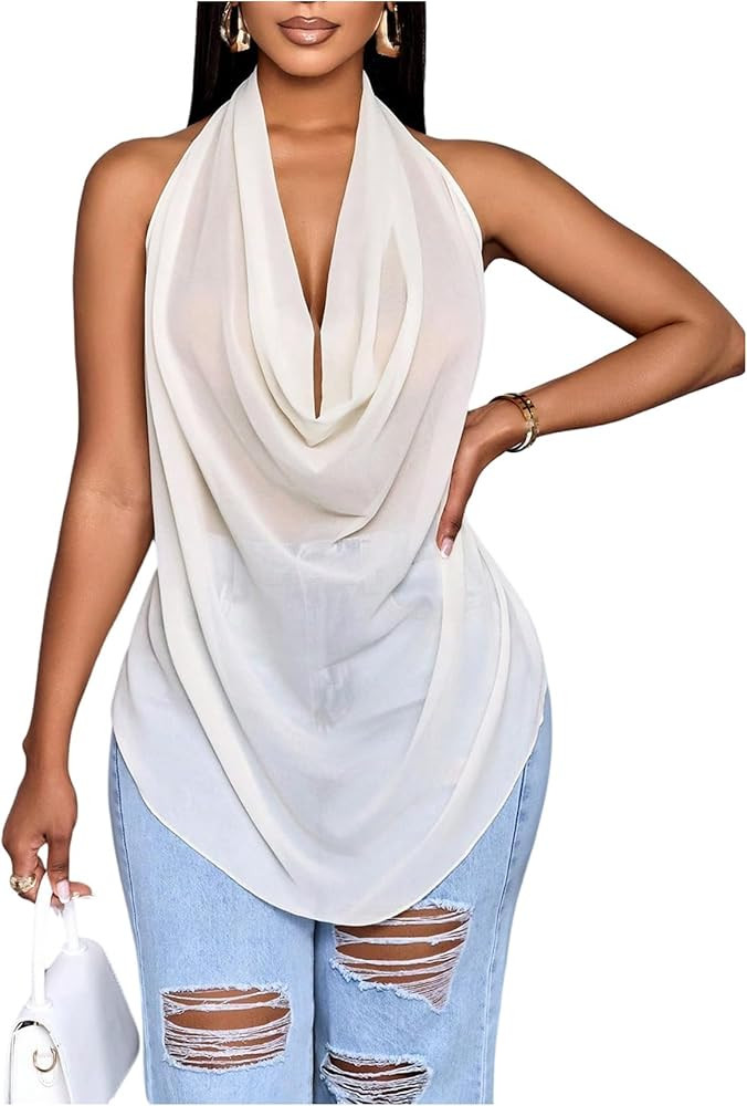 OYOANGLE Women's Cowl Neck Halter Top Backless Shirts Y2k See Through Draped Top Going Out Tank T... | Amazon (US)