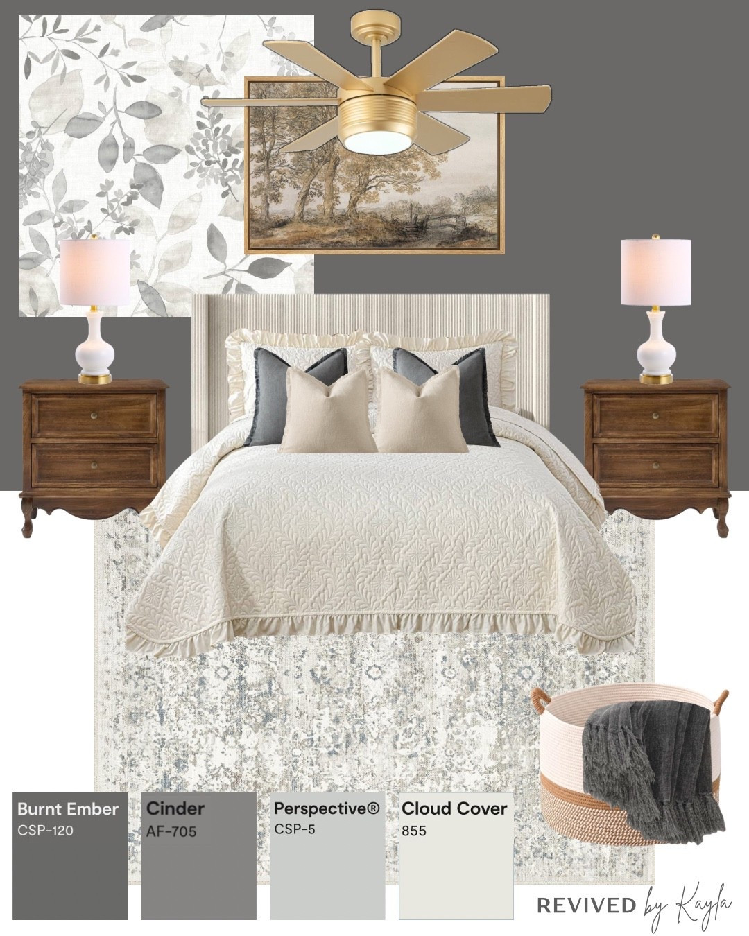 Grey and cream bedroom design from Amazon 🩶✨

Cream bed with cream bedding, grey and white throw pillows, grey and cream floral wallpaper, grey rug, dark wood nightstands, white and gold lamps, gold fan light fixture , grey wall art, blanket basket 

#bedroomdecor #bedroomdesign #guestroom #bedroomfurniture #bedroom #decor #greydecor #greybedroom #greyandgold #amazonbedroom #roomdecor #homedecor #homedesign #homeinspo #inspiration #homedecorinspo #amazon #amazonhome #amazonfinds 

#LTKFindsUnder100 #LTKHome #LTKFindsUnder50
