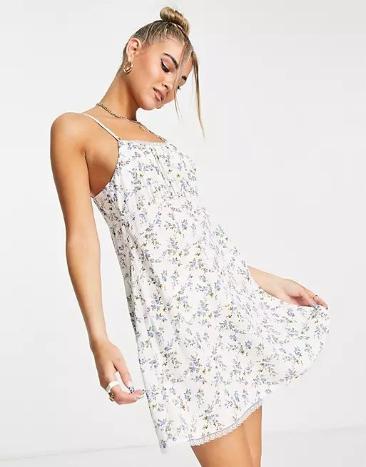 Daisy Street 90s cami mini dress with ruched bust in blue ditsy floral | ASOS (Global)