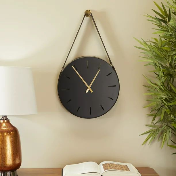 DecMode 16" Black Stainless Steel Wall Clock with Leather Hanging Straps | Walmart (US)