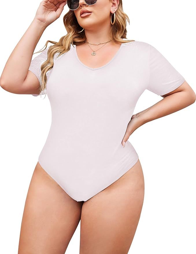 IN'VOLAND Women's Bodysuit Plus Size Short Sleeve Scoop Neck Bodysuit Basic Top T Shirt Leotards ... | Amazon (US)