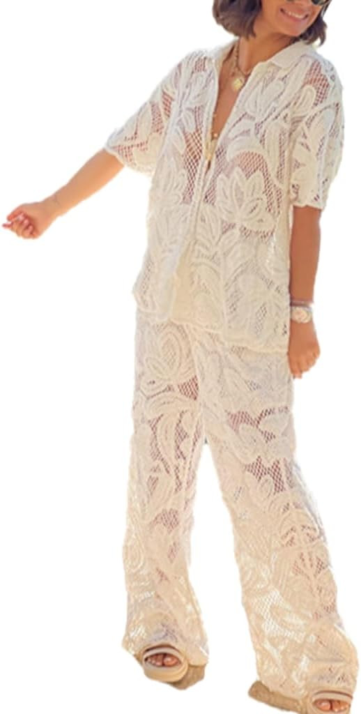 Womens Crochet 2 Piece Outfits See Through Hollow Out Short Sleeve Tshirt Wide Leg Pants Womens C... | Amazon (US)