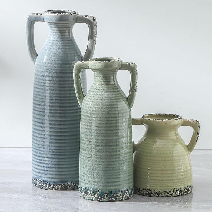 Ceramic Vase Set of 3 with Handles - Farmhouse Vase Set for Modern Decoration, Rustic Crackle Rou... | Amazon (US)