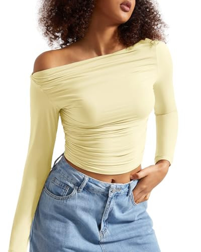 SUUKSESS Women Off Shoulder Long Sleeve Shirts Double Lined Fitted Crop Tops Y2K Tight T Shirts (Butter Yellow,M) | Amazon (US)