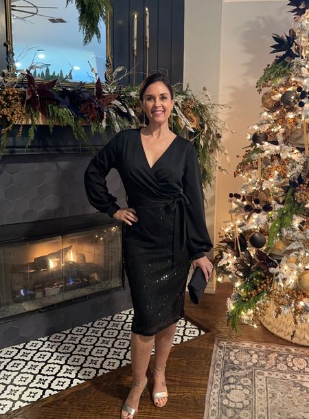 Festive holiday dress with a flattering crossbody top and sequin skirt, pair it with pretty gold or
Rhinestone shoes, gold earrings and a pretty clutch 

#LTKSeasonal #LTKHoliday #LTKparties