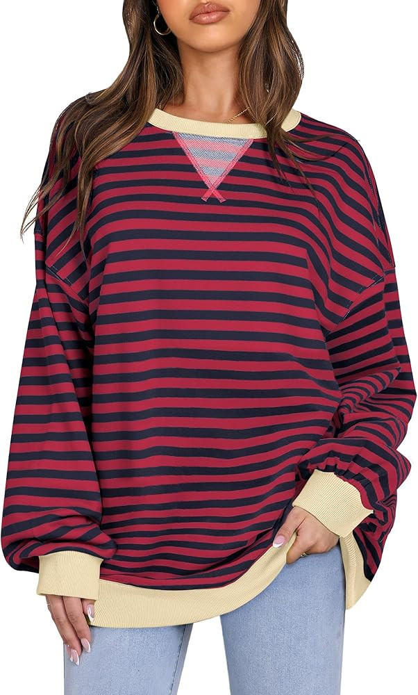 ANRABESS Women Striped Oversized Sweatshirt Hoodies Long Sleeve Crew Neck Shirt 2024 Fall Pullove... | Amazon (US)