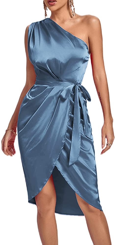 LYANER Women's Satin One Shoulder Shoulder Ruched Sleeveless Split Wrap Hem Self Belted Midi Dres... | Amazon (US)