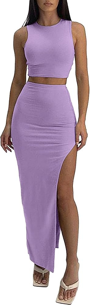 ELLEVEN Sexy 2 Piece Maxi Skirt Sets for Women - Knit Bodycon Crop Tank Top and High Slit Skirt D... | Amazon (US)
