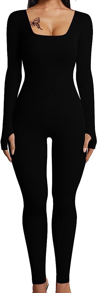 HOPYOP Sexy Long Sleeve Jumpsuit for Women, One Piece Ribbed Workout Rompers | Amazon (US)
