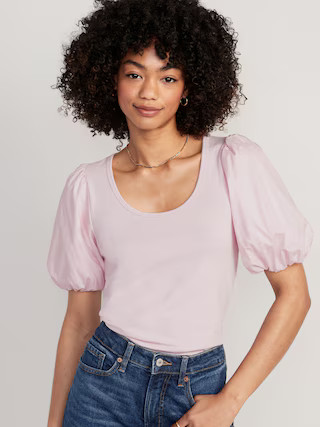 Fitted Puff-Sleeve Paneled Rib-Knit T-Shirt for Women | Old Navy (US)