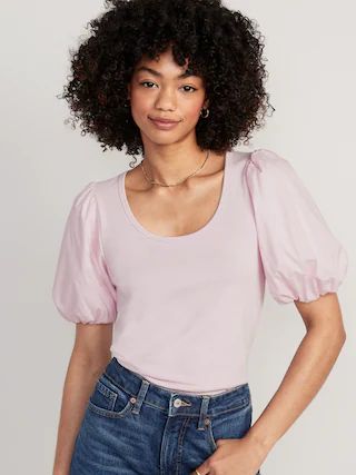 Fitted Puff-Sleeve Paneled Rib-Knit T-Shirt for Women | Old Navy (US)
