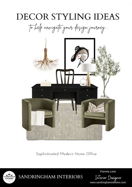 Sophisticated Modern Home Office Design Ideas | Black Desk | Dining Chair | | Office Chair | Green Barrel Chair | Olive Area Rug | Saatchi Wall Art | Chandelier 

#LTKhome #LTKstyletip