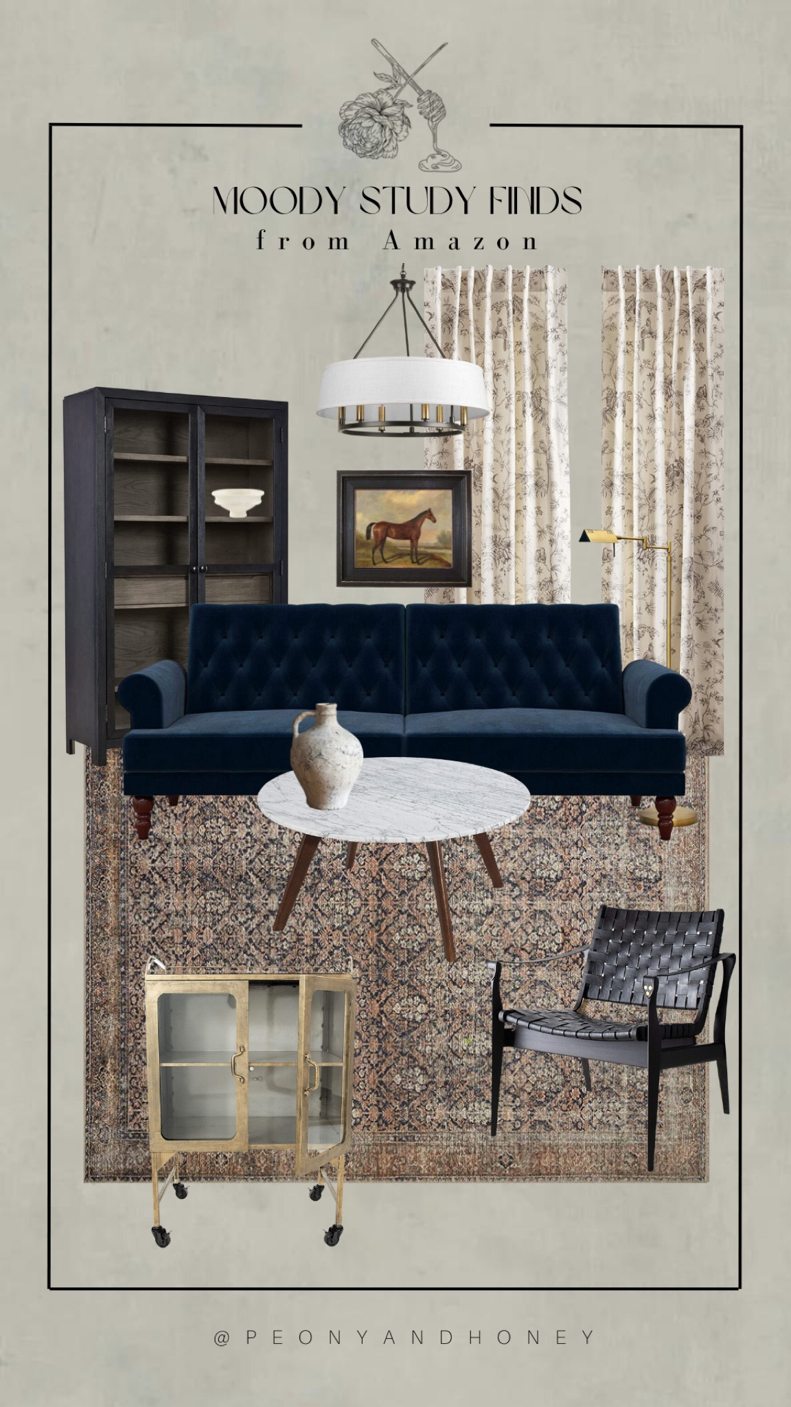 Shop this moody style living room or study design with a velvet navy blue sofa, black wood cabinet, round marble coffee table, leather accent chair, floral patterned curtains, and gorgeous chenille vintage style rug. #moodystyle #competition #homedecor #interiordesign #livingroom #furniture #sofa #wallart #cabinet #curtains #rug #accentchair #accenttable #coffeetable #livingroomfurniture #homeoffice #study #amazonfinds #amazon #founditonamazon 

#LTKFind #LTKhome