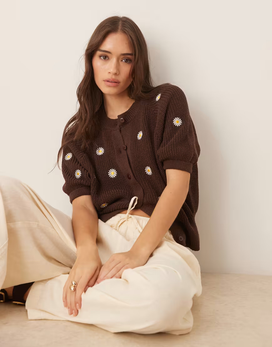 ASOS DESIGN knitted cardigan with raglan sleeve and daisy embroidery in brown | ASOS (Global)