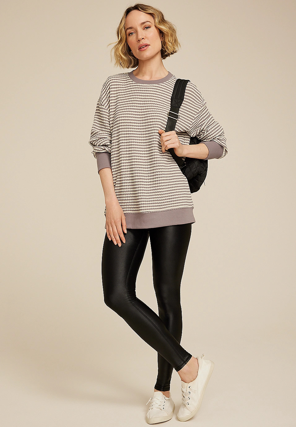Striped Waffle Crew Neck Tunic Sweatshirt | Maurices