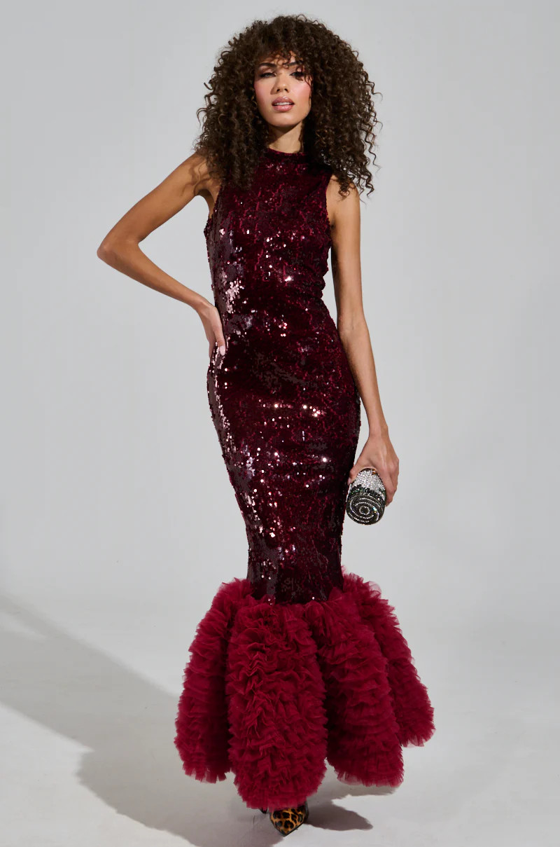 BELLE OF THE BALL SEQUIN RUFFLE MAXI DRESS | AKIRA