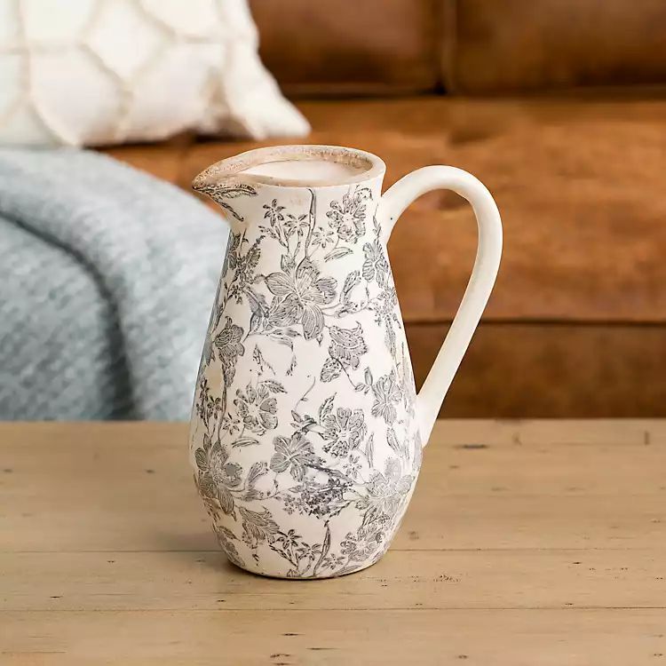 Gray Ceramic Vintage Floral Pitcher Vase | Kirkland's Home