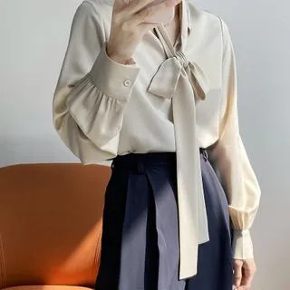 Long-Sleeve Bow-Neck Satin Blouse | YesStyle Global